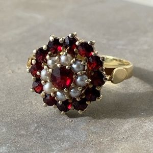 Garnet and Seed Pearl 14k Yellow Gold Ring